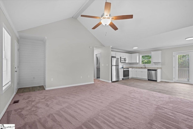 514 Habersham Ln, Easley, SC 29642 - unfurnished living room with light colored carpet, a sink, baseboards, and a ceiling fan