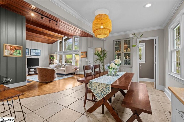 116 Twinbrook Dr, Greenville, SC 29607 - dining room featuring light tile patterned flooring, track lighting, baseboards, and ornamental molding