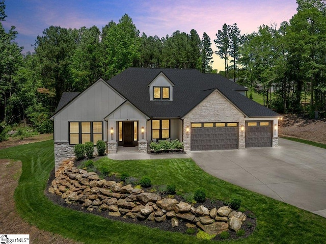 294 Lyman Lake Rd, Lyman, SC 29365 - modern farmhouse with stone siding, board and batten siding, concrete driveway, and an attached garage
