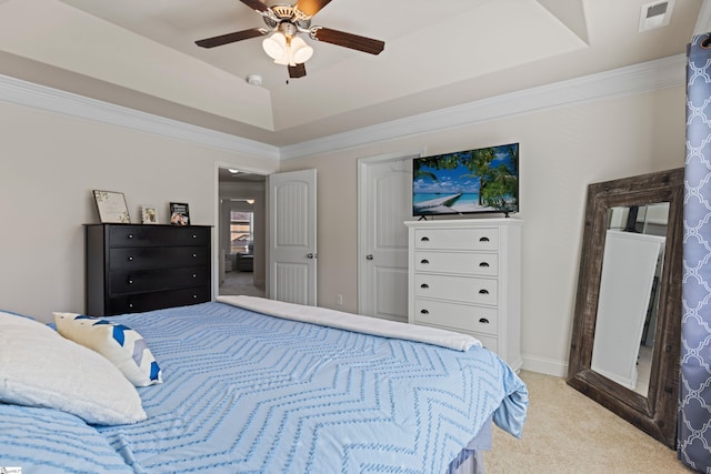 412 Kindletree Way, Simpsonville, SC 29680 - bedroom with light carpet, a tray ceiling, a ceiling fan, and ornamental molding