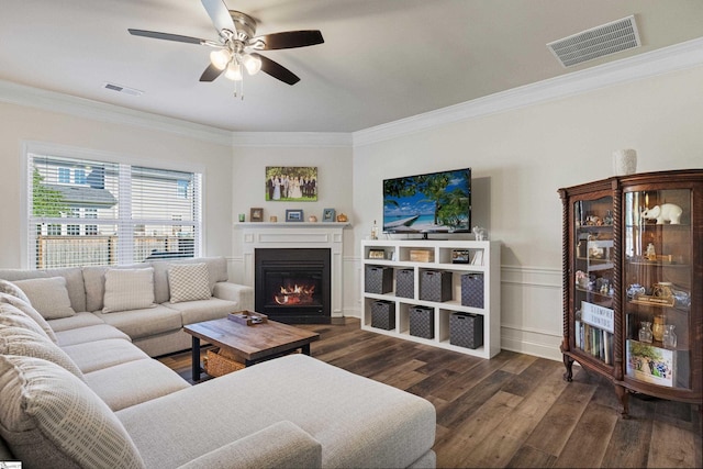 412 Kindletree Way, Simpsonville, SC 29680 - living room with crown molding, wood finished floors, a lit fireplace, and a ceiling fan