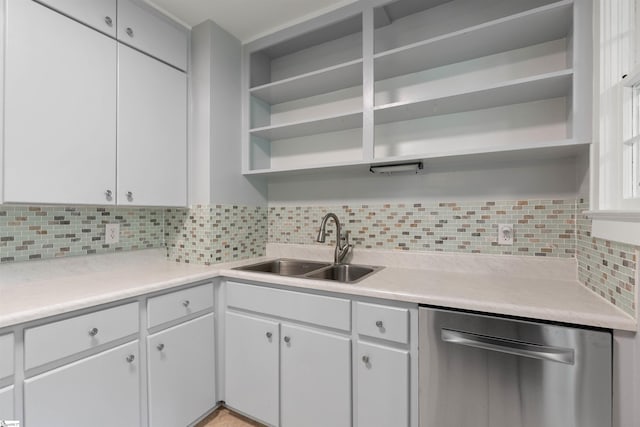 100 Maxwell Rd, Spartanburg, SC 29302 - kitchen with open shelves, dishwasher, a sink, and decorative backsplash