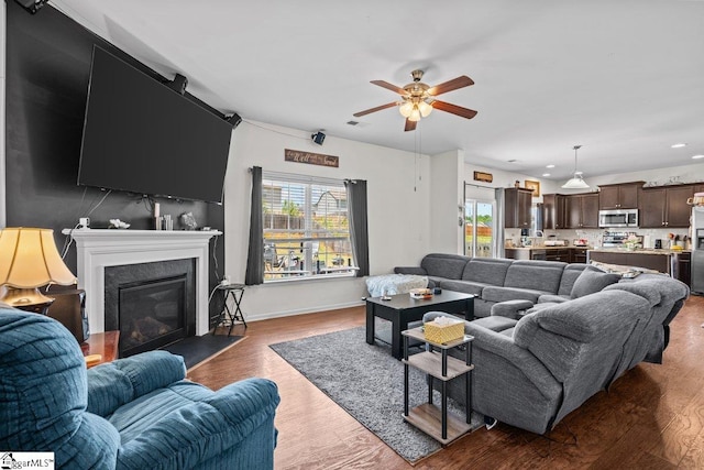 559 Falls Cottage Run, Boiling Springs, SC 29316 - living room with ceiling fan, healthy amount of natural light, wood finished floors, a glass covered fireplace, and recessed lighting