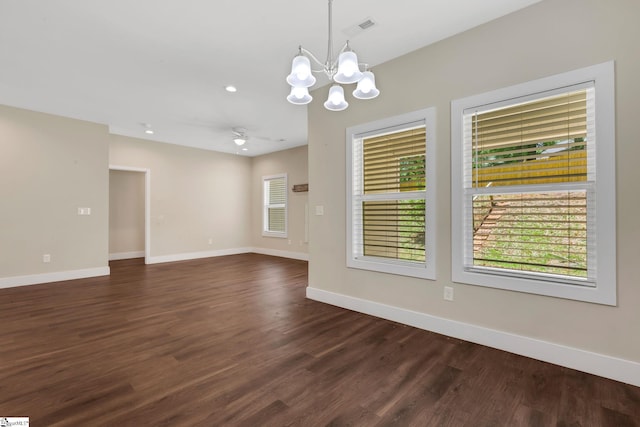 184 Sandifer Rd, Spartanburg, SC 29303 - empty room featuring a chandelier, baseboards, dark wood finished floors, recessed lighting, and ceiling fan