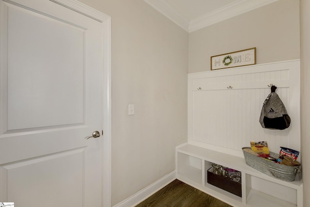 131 Riverland Woods Ct, Simpsonville, SC 29681 - mudroom featuring crown molding, dark wood finished floors, and baseboards