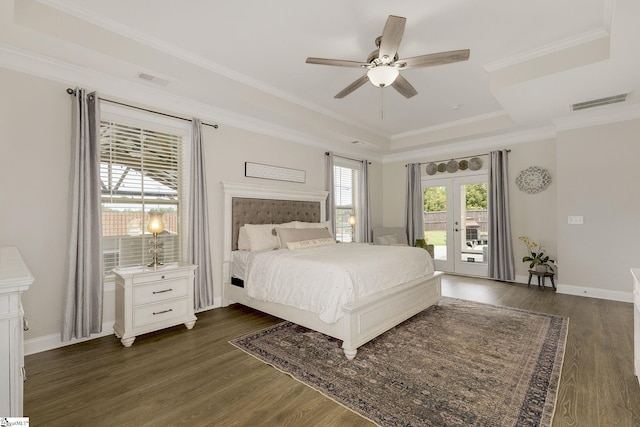131 Riverland Woods Ct, Simpsonville, SC 29681 - bedroom featuring access to outside, dark wood finished floors, french doors, ornamental molding, and a ceiling fan