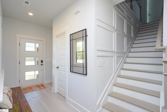 125 Patton St, Fountain Inn, SC 29644 - foyer featuring stairs, plenty of natural light, baseboards, recessed lighting, and light wood-type flooring