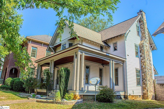 231 Austin Brook St, Simpsonville, SC 29680 - victorian house featuring ceiling fan, roof with shingles, a porch, and a chimney
