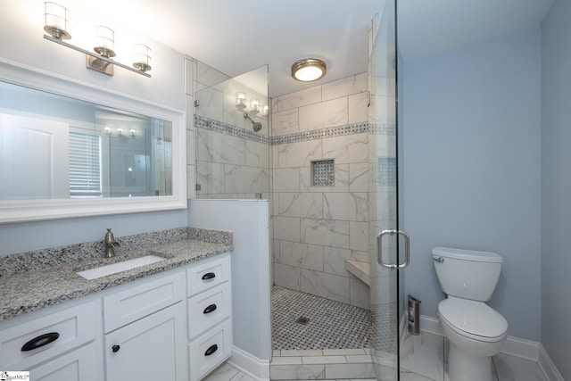 1122 Midway Rd, Pickens, SC 29671 - bathroom with marble look tile flooring, a stall shower, vanity, toilet, and baseboards