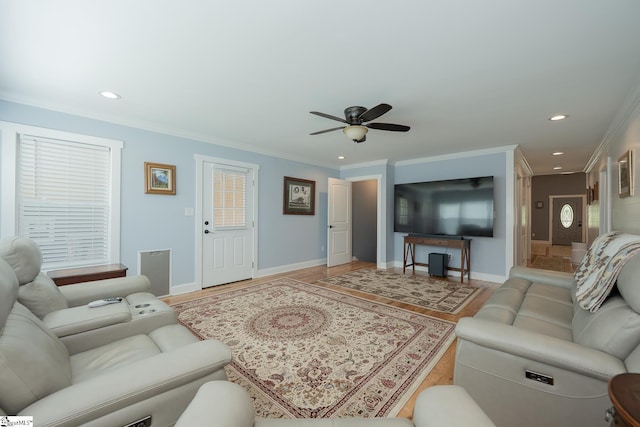 1122 Midway Rd, Pickens, SC 29671 - living room featuring ceiling fan, crown molding, baseboards, and recessed lighting
