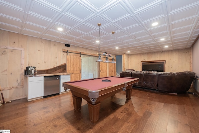 1122 Midway Rd, Pickens, SC 29671 - playroom with wooden walls, recessed lighting, a barn door, dark wood-type flooring, and an ornate ceiling