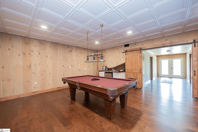 1122 Midway Rd, Pickens, SC 29671 - rec room featuring a barn door, wooden walls, pool table, dark wood-type flooring, and recessed lighting