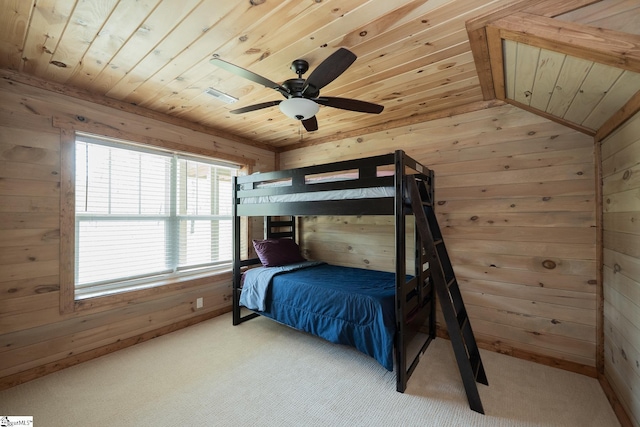 1122 Midway Rd, Pickens, SC 29671 - carpeted bedroom with wooden ceiling, wooden walls, and ceiling fan