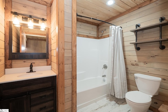 1122 Midway Rd, Pickens, SC 29671 - bathroom featuring wooden walls, wood ceiling, shower / tub combo with curtain, vanity, and toilet