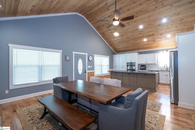 1122 Midway Rd, Pickens, SC 29671 - dining area featuring wooden ceiling, ceiling fan, high vaulted ceiling, light wood finished floors, and recessed lighting