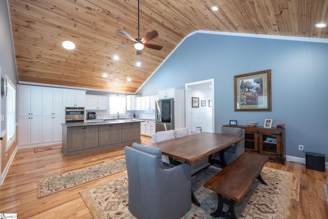 1122 Midway Rd, Pickens, SC 29671 - dining area featuring wood ceiling, a ceiling fan, high vaulted ceiling, light wood finished floors, and recessed lighting