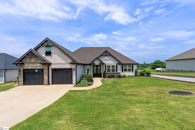 222 Blease Horton Rd, Boiling Springs, SC 29316 - view of front of home with board and batten siding, concrete driveway, a front yard, a garage, and stone siding
