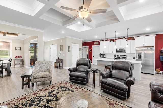 222 Blease Horton Rd, Boiling Springs, SC 29316 - living area featuring coffered ceiling, crown molding, ceiling fan, recessed lighting, and light wood-style flooring