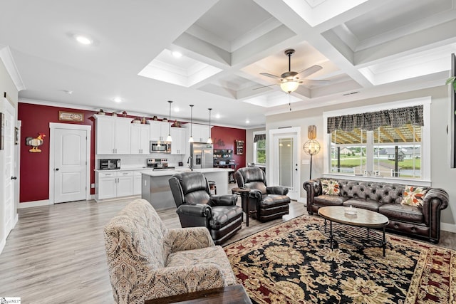 222 Blease Horton Rd, Boiling Springs, SC 29316 - living room featuring baseboards, light wood finished floors, ornamental molding, beam ceiling, and recessed lighting