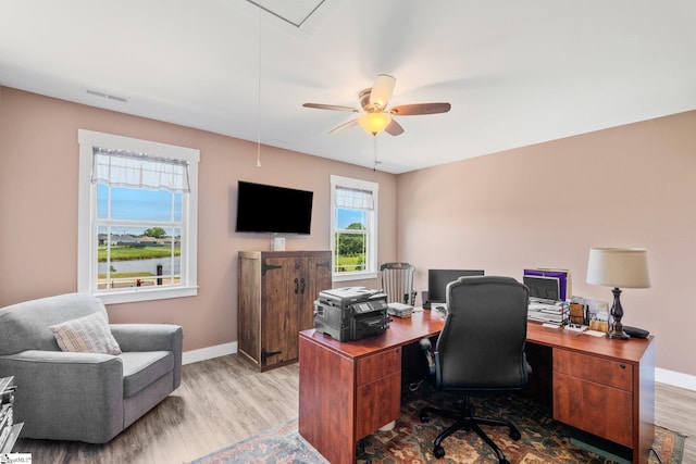 222 Blease Horton Rd, Boiling Springs, SC 29316 - office area featuring wood finished floors, baseboards, ceiling fan, and attic access