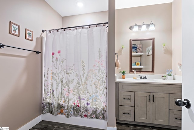 222 Blease Horton Rd, Boiling Springs, SC 29316 - bathroom featuring vanity, a shower with shower curtain, wood finished floors, and baseboards