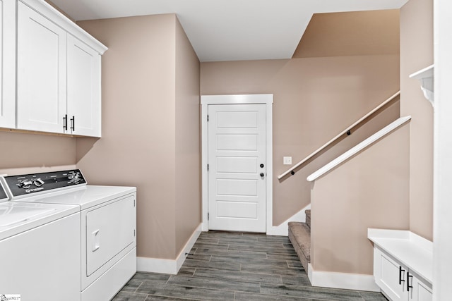 222 Blease Horton Rd, Boiling Springs, SC 29316 - laundry room featuring washing machine and clothes dryer, cabinet space, dark wood-type flooring, and baseboards