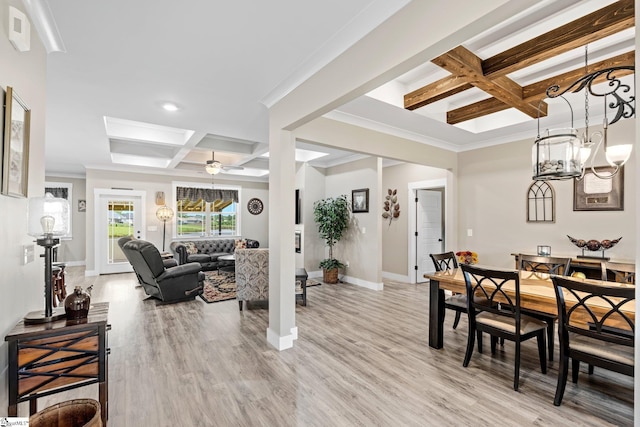 222 Blease Horton Rd, Boiling Springs, SC 29316 - dining space featuring coffered ceiling, beam ceiling, baseboards, light wood-style floors, and a chandelier