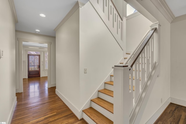 509B Townes St, Greenville, SC 29601 - stairs with crown molding, wood finished floors, baseboards, and recessed lighting