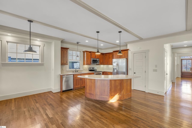 509B Townes St, Greenville, SC 29601 - kitchen with stainless steel appliances, a sink, dark wood-style floors, light countertops, and ornamental molding