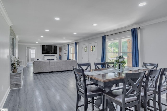 203 Rock Springs Rd, Belton, SC 29627 - dining area with crown molding, recessed lighting, light wood finished floors, baseboards, and a fireplace