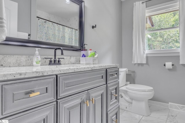 203 Rock Springs Rd, Belton, SC 29627 - bathroom featuring toilet, vanity, baseboards, marble look tiles, and a shower with curtain