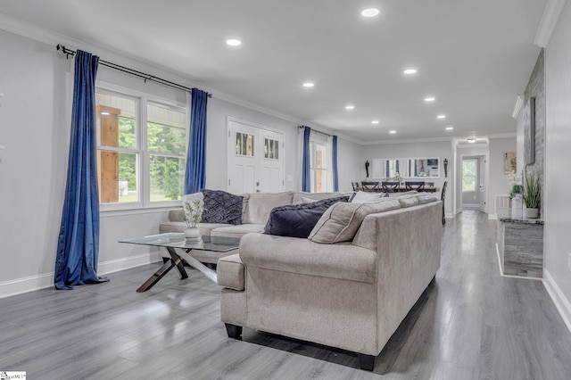 203 Rock Springs Rd, Belton, SC 29627 - living room with baseboards, crown molding, recessed lighting, and wood finished floors