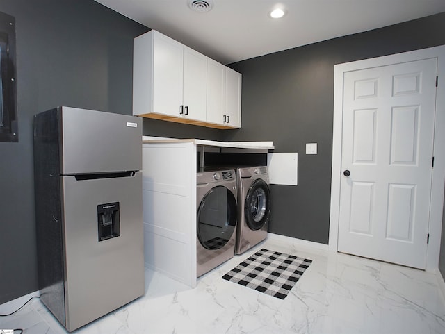 310 Sloping Meadow Dr, Inman, SC 29349 - laundry room featuring washing machine and dryer, light marble finish floors, cabinet space, baseboards, and recessed lighting