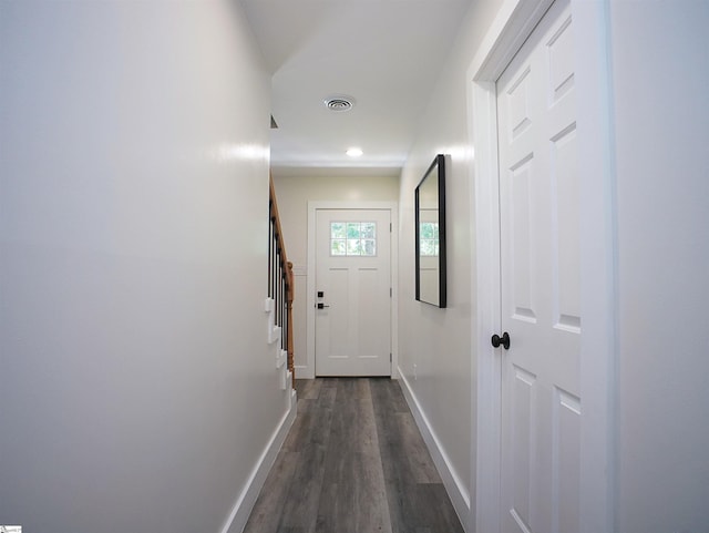 310 Sloping Meadow Dr, Inman, SC 29349 - doorway to outside with baseboards, dark wood finished floors, stairway, and recessed lighting