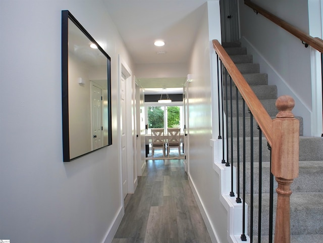 310 Sloping Meadow Dr, Inman, SC 29349 - corridor with wood finished floors, stairway, baseboards, and recessed lighting