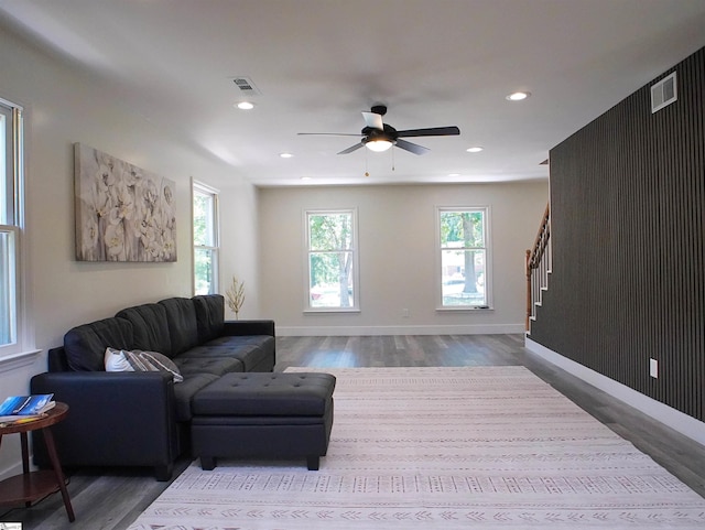 310 Sloping Meadow Dr, Inman, SC 29349 - living room with ceiling fan, stairs, wood finished floors, recessed lighting, and baseboards