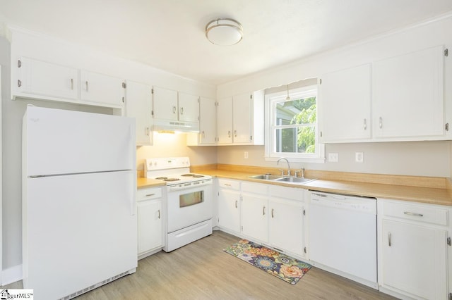 112 Summer Dr, Easley, SC 29642 - kitchen with white appliances, a sink, under cabinet range hood, white cabinetry, and light wood-type flooring