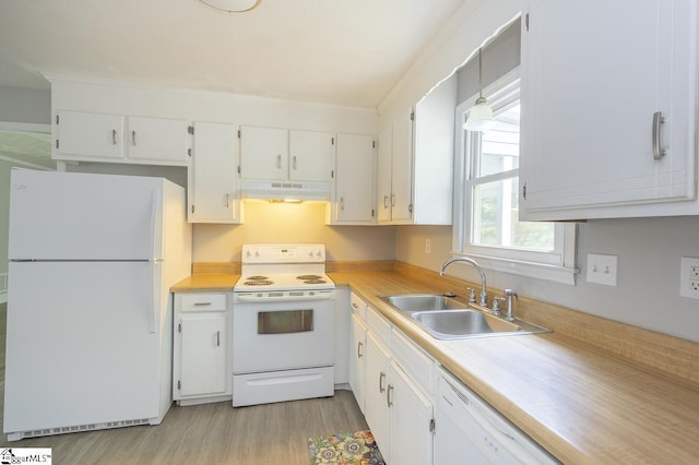 112 Summer Dr, Easley, SC 29642 - kitchen with white appliances, under cabinet range hood, a sink, white cabinets, and light countertops