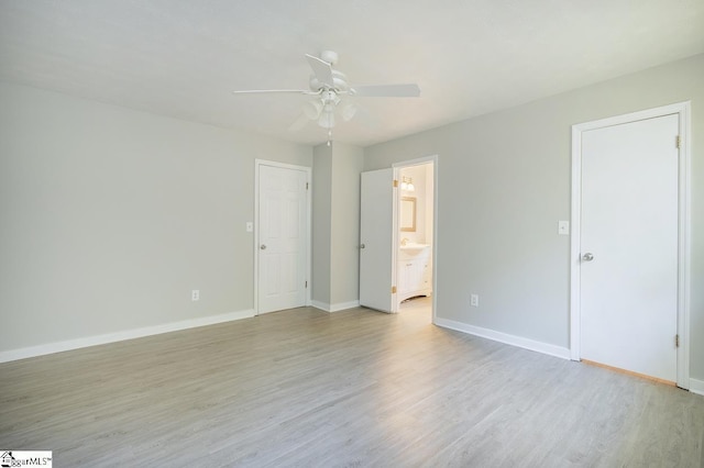 112 Summer Dr, Easley, SC 29642 - unfurnished bedroom featuring light wood-style flooring, baseboards, connected bathroom, and a ceiling fan