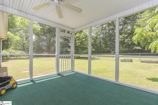 112 Summer Dr, Easley, SC 29642 - unfurnished sunroom with ceiling fan and view of scattered trees