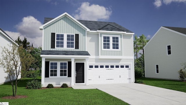 7306 Wayside Run Unit 70, Inman, SC 29349 - traditional home featuring driveway, an attached garage, board and batten siding, a front yard, and roof with shingles