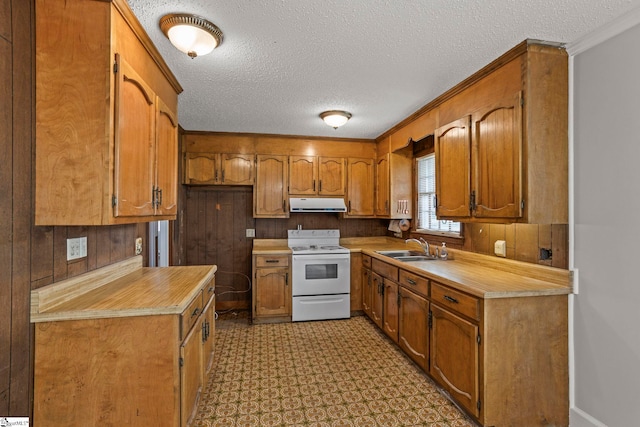 303 Suber Rd, Greer, SC 29651 - kitchen featuring electric stove, under cabinet range hood, a sink, light countertops, and a textured ceiling