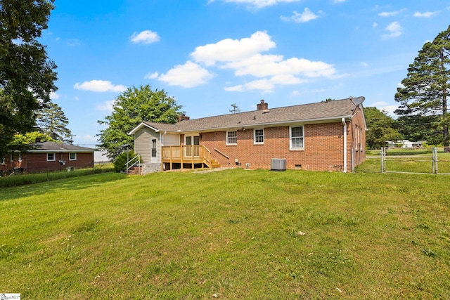 303 Suber Rd, Greer, SC 29651 - back of house with central AC unit, brick siding, a chimney, crawl space, and a wooden deck