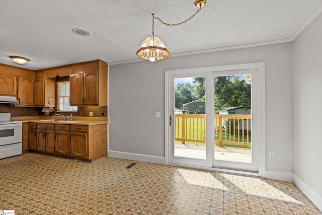 303 Suber Rd, Greer, SC 29651 - kitchen with exhaust hood, white electric range, a sink, a textured ceiling, and brown cabinets