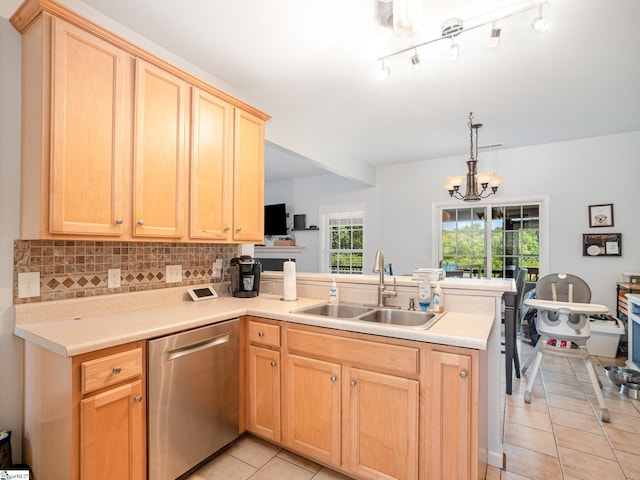 6 Baneberry Ct, Simpsonville, SC 29680 - kitchen featuring dishwasher, a sink, a peninsula, light brown cabinets, and light tile patterned floors