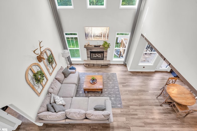 118 Perry Hill Rd, Easley, SC 29640 - living room featuring a towering ceiling, plenty of natural light, a stone fireplace, and wood finished floors