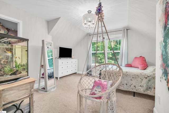 118 Perry Hill Rd, Easley, SC 29640 - bedroom with carpet floors, vaulted ceiling, a chandelier, and baseboards