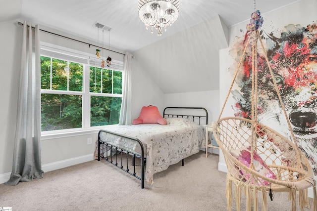118 Perry Hill Rd, Easley, SC 29640 - carpeted bedroom featuring lofted ceiling, baseboards, and a chandelier