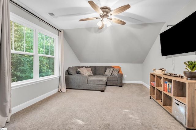 118 Perry Hill Rd, Easley, SC 29640 - living area with baseboards, vaulted ceiling, carpet, and a ceiling fan