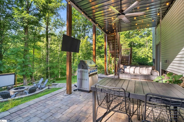 118 Perry Hill Rd, Easley, SC 29640 - view of patio / terrace with a fire pit, stairs, a ceiling fan, grilling area, and outdoor dining space
